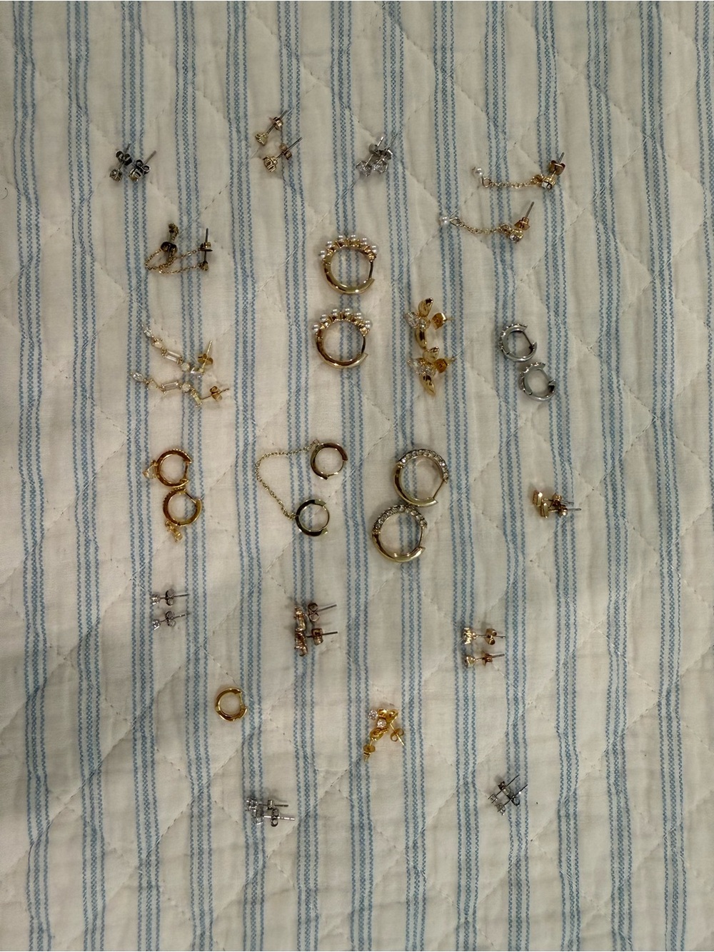 Lot of earrings - gold and silver - studs, hoops, chains, and more!